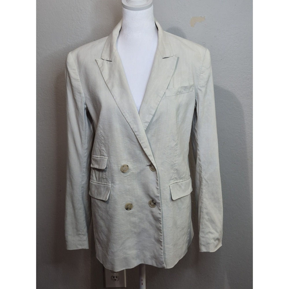 Theory Womens Linen Blend Blazer Sz 8 Ivory Double Breasted Career Office Jacket